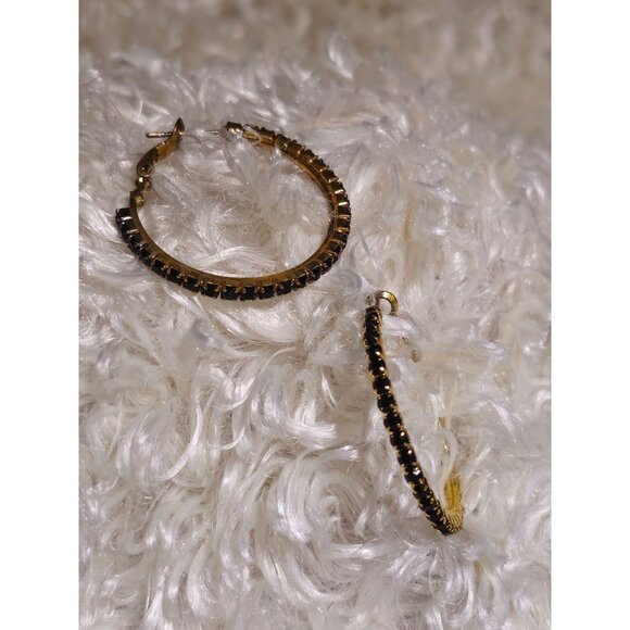 Gold Toned Hoop Earrings with Black Rhinestones - Picture 4 of 5